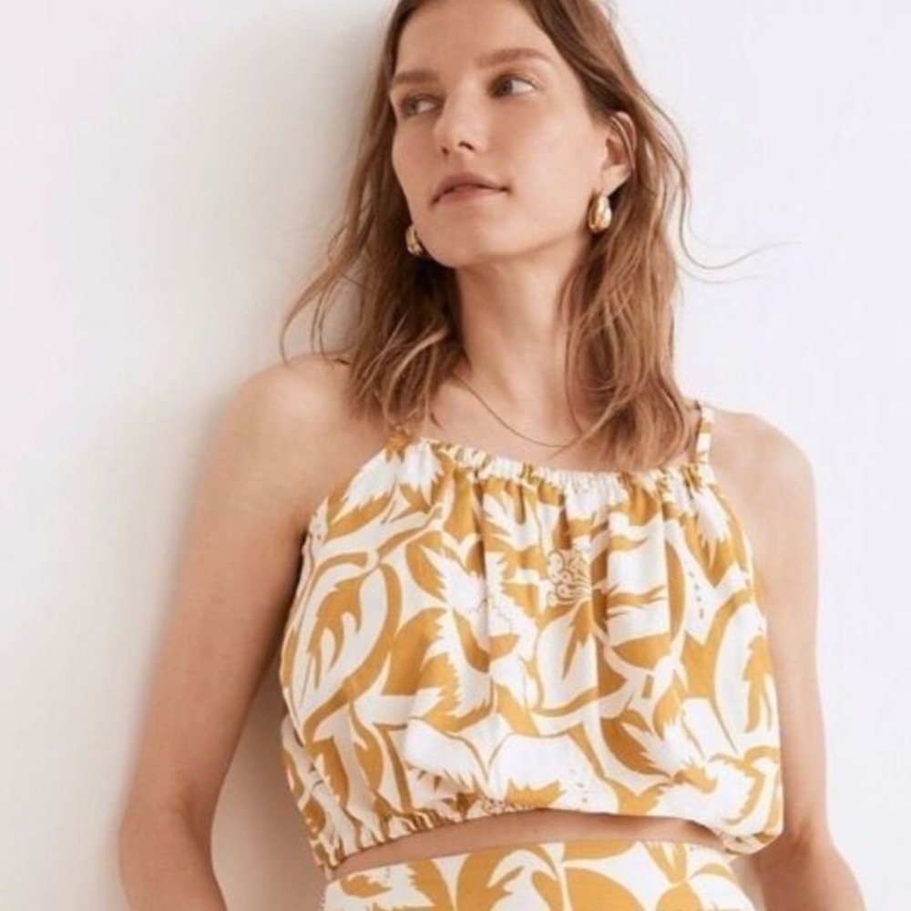 Madewell Yellow White‎ Tropical Floral Button Back Cropped Cami Top Large